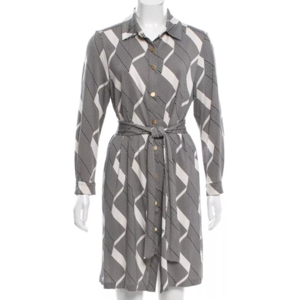 Diane Von Furstenberg Makis Silk Shirt Dress - Black & White, 8